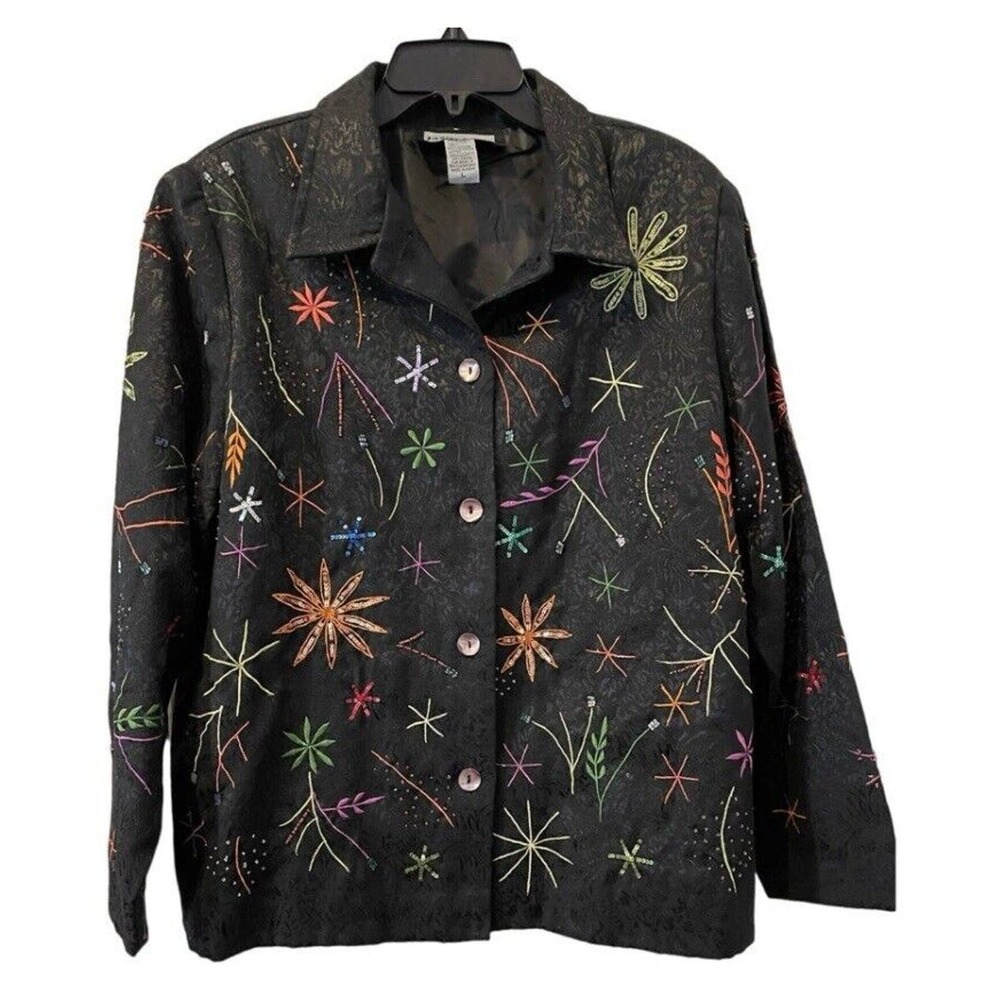 Vintage Indigo Moon Black Embellished Collared Long Sleeve Jacket Size L EUC
